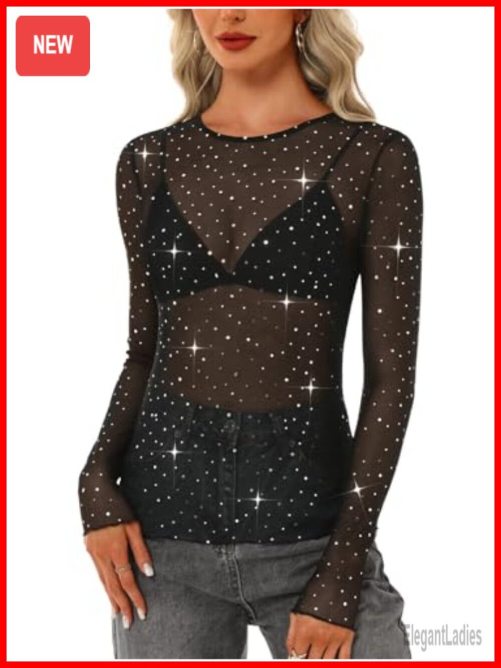 Mesh Long Sleeve Crew Neck See Through Lace Top